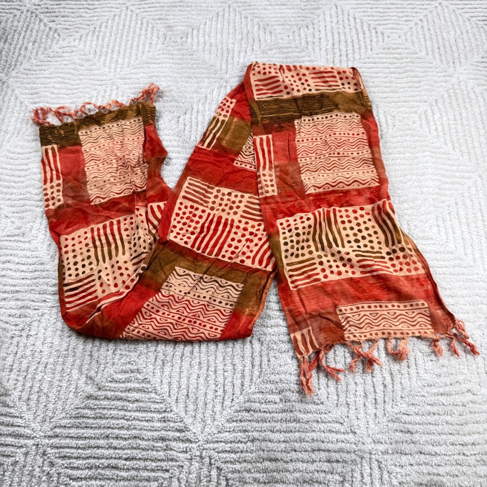 Chico's Scarf Orange Geometric Batik Fringe Rayon Boho Trival Artisan Eclectic